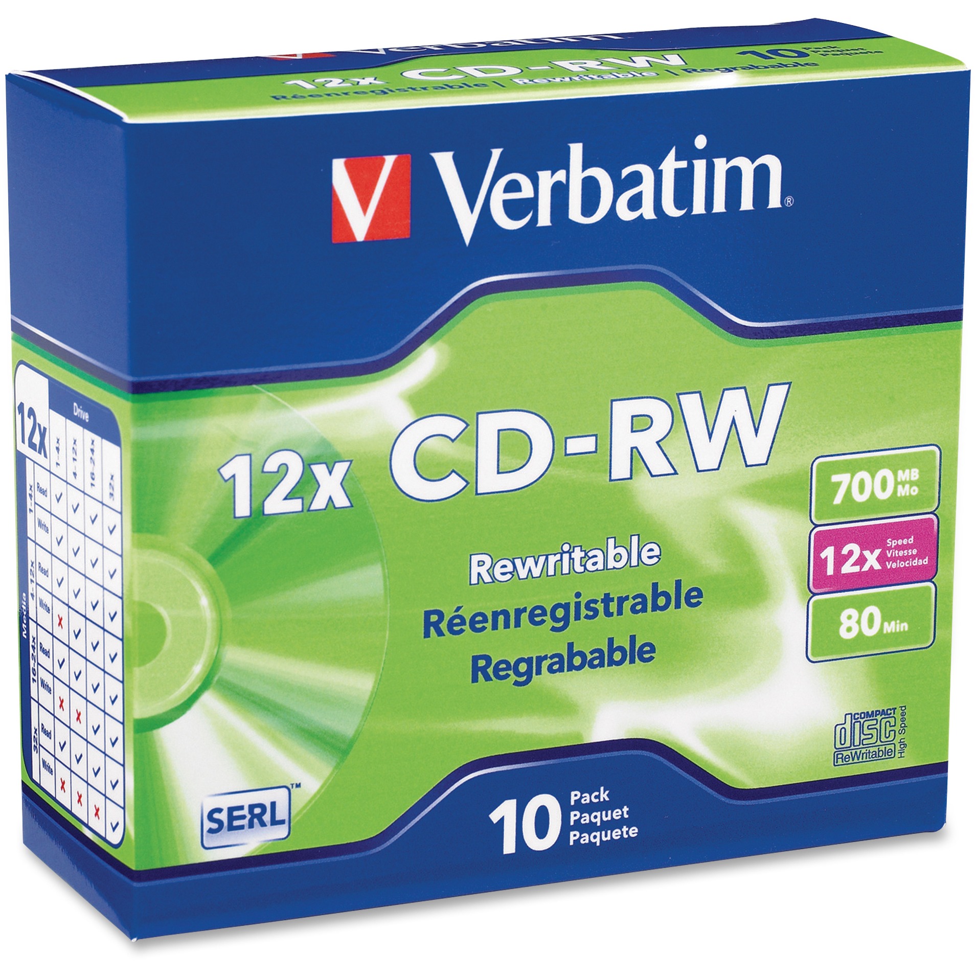 Verbatim CD-RW 700MB 4X-12X High Speed with Branded Surface - 10pk Slim Case - image 1 of 2