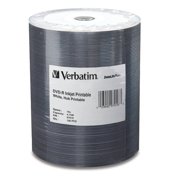 Verbatim DVD-R 4.7GB 16X DataLifePlus White Inkjet Printable, Hub Printable - 100pk Tape Wrap Inkjet Printable
