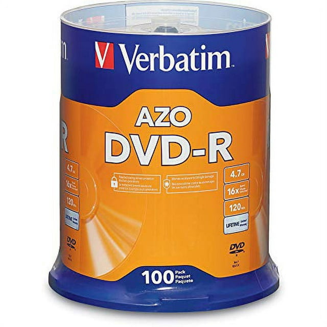 Verbatim DVD-R 4.7GB 16x AZO Recordable Media Disc - 100 Disc Spindle - 95102 - Silver