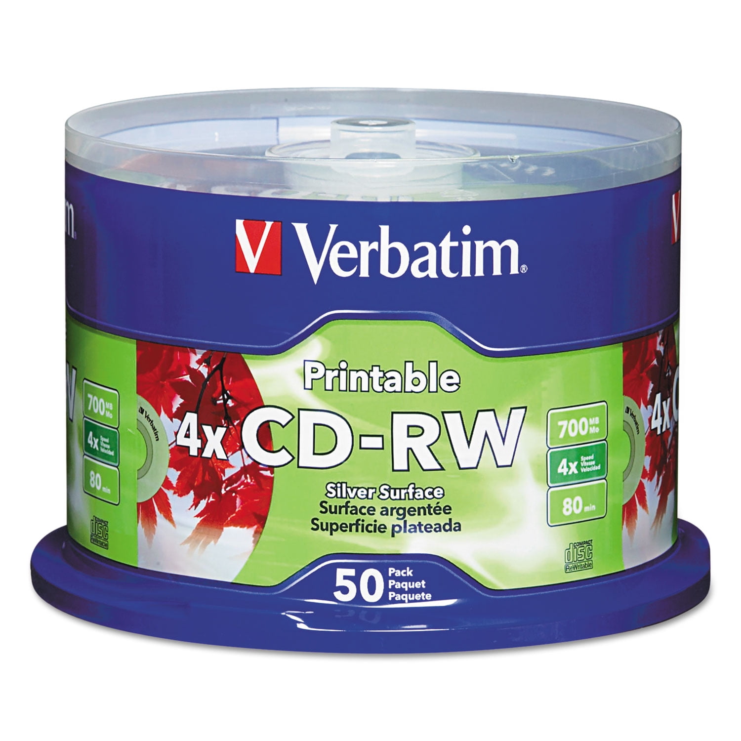700 MB/80 min. Printable Spindle 4X CD-RW Discs - Silver (50/Pack)