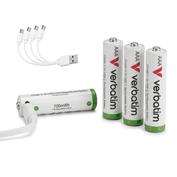 Verbatim Lithium Ion AAA USB-C Rechargeable Batteries, 1.5V, 700mWh, 4-Pack