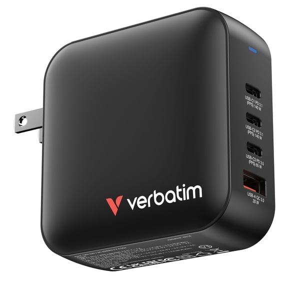 Verbatim Mini GaN 165W 4-Port Wall Charger, USB-C PD 3.1, Black