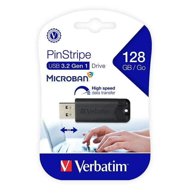 Verbatim PinStripe USB 3.2 Gen 1 Flash Drive, 128GB, Black, 49319