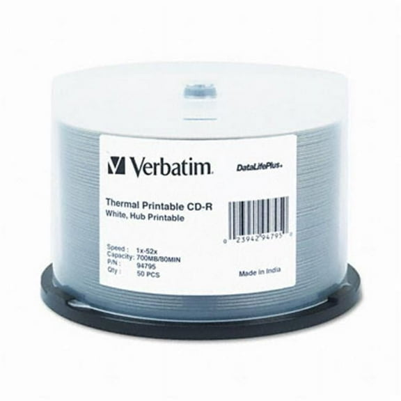 Verbatim  Printable CD-R Discs  700MB/80min  52x  Spindle  White  50 Pack