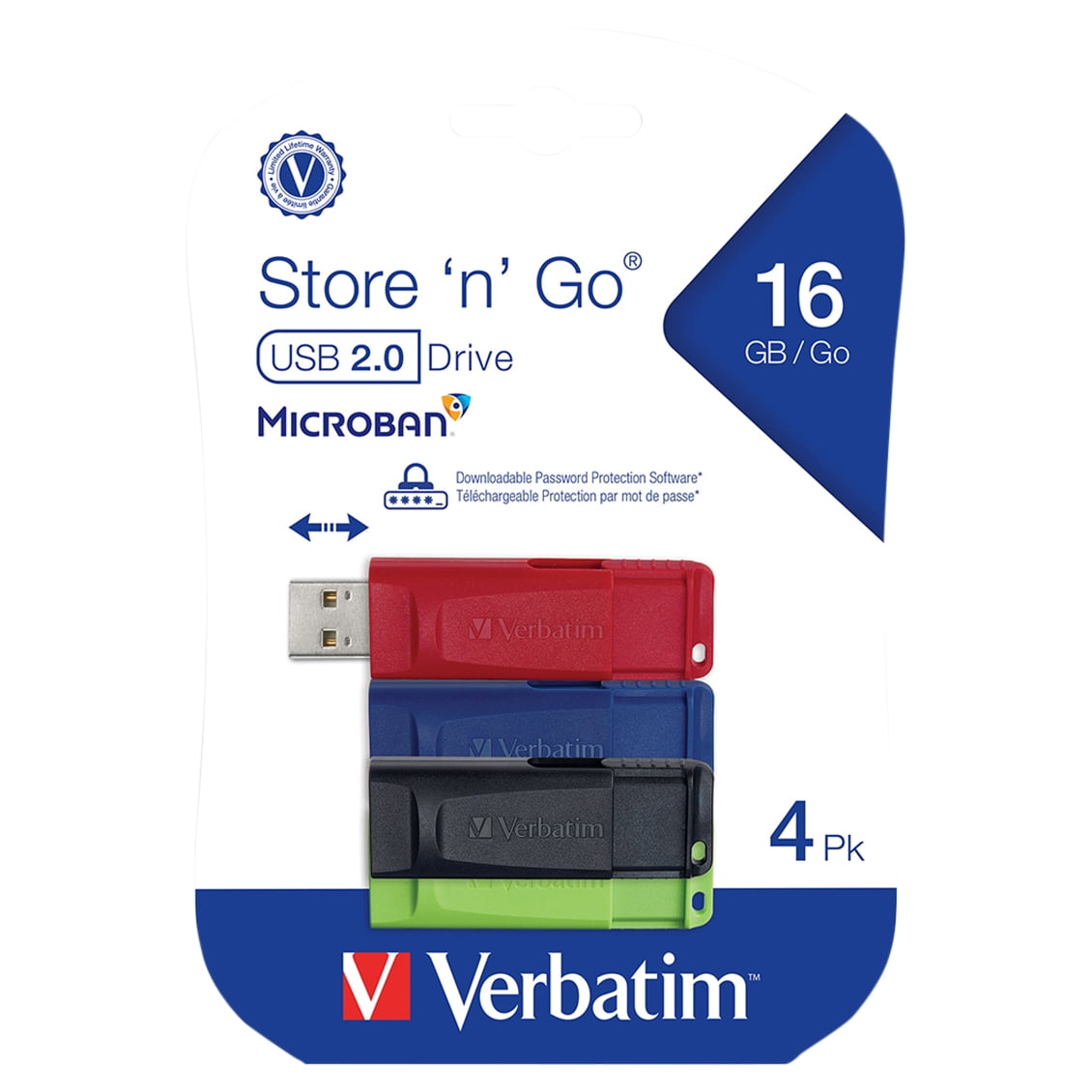 16GB Store 'n' Go&reg; USB Flash Drive - 4pk - Red, Green, Blue, Black - 16GB - 4pk - Blue, Green, Red, Black