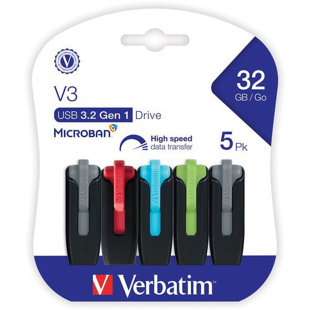 Verbatim Store 'n' Go V3 USB Drive - 32 GB - USB 3.2 (Gen 1) Type A -  Assorted - Lifetime Warranty - 5 Pack | Bundle of 2 Packs