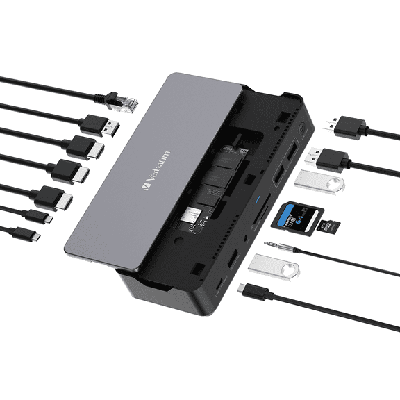 Verbatim USB-C Pro 15-in-1 Docking Station, Dual 8K HDMI & DisplayPort, NVMe/SATA SSD Enclosure, 10Gbps USB-C Hub, Gigabit Ethernet, 80W Power Delivery for Laptop, MacBook & PC