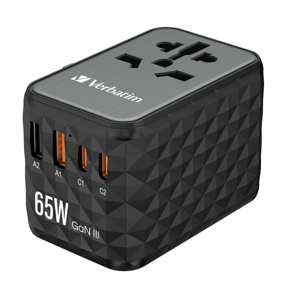 Verbatim 65W GaN Universal Travel Adapter, Worldwide Plug Adapter with USB-C PD, PPS, QC 4+, 5-in-1 International Charger for Europe, UK, USA, Australia & China