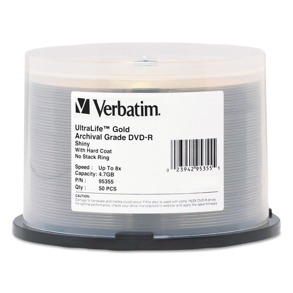 Verbatim 95355 4.7 GB 16x Spindle UltraLife Gold Archival Grade DVD-R - Gold (50/Pack)