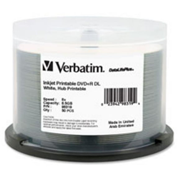 Verbatim VER DVD-R, DL, IJ Hub Printable, 8X, 8.5GB, 50-PK, White