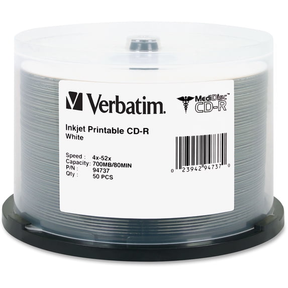 Verbatim, VER94737, Inkjet Printable MediDisc CD-Rs, 50, White