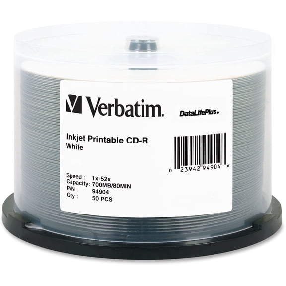 Verbatim, VER94904, 52X White Inkjet Printable CD-R Spindle, 50, White