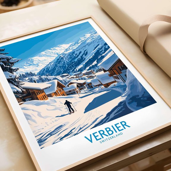 Verbier Ski Poster Cozy Chalets and Snowy Mountains