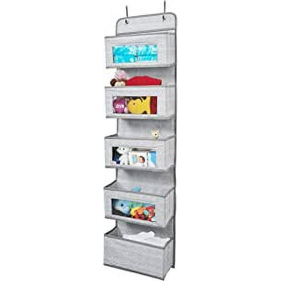 Vercord Door Hanging Organizer Storage Wall Mount Organization Foldable Hanging Shelves Kids Toy 5 Pocket 4 Clear Window with Metal Hook Beige & Grey