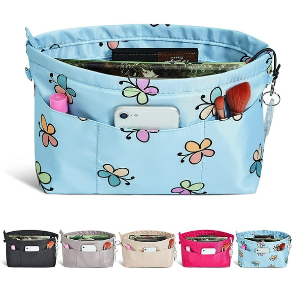 Vercord Premium Nylon Purse Organizer Tote Handbag Insert Organizers Bag in Bag Zipper 13 Pockets Blue Butterfly XX-Large