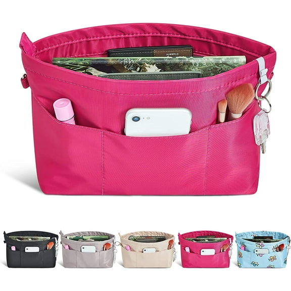 Vercord Premium Nylon Purse Organizer Tote Handbag Insert Organizers Bag in Bag Zipper 13 Pockets Rose Small