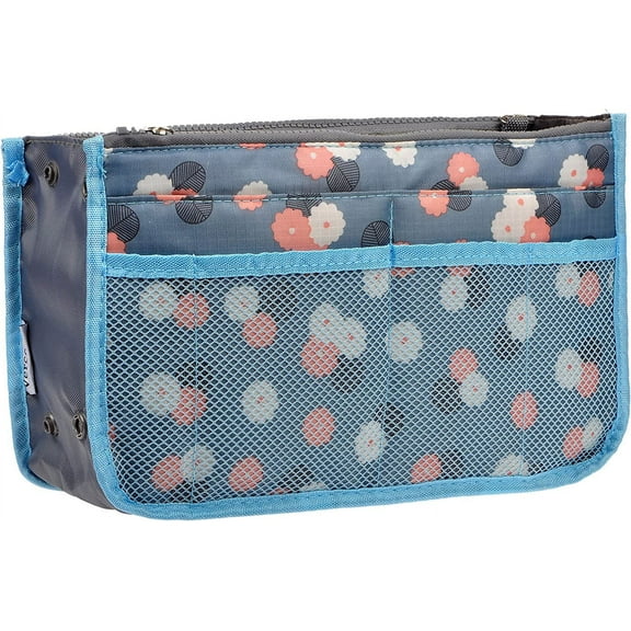 Vercord Purse Organizer Insert for Handbags Bag Organizers Inside Tote Pocketbook Women Nurse Nylon 13 Pockets Blue Flower Medium