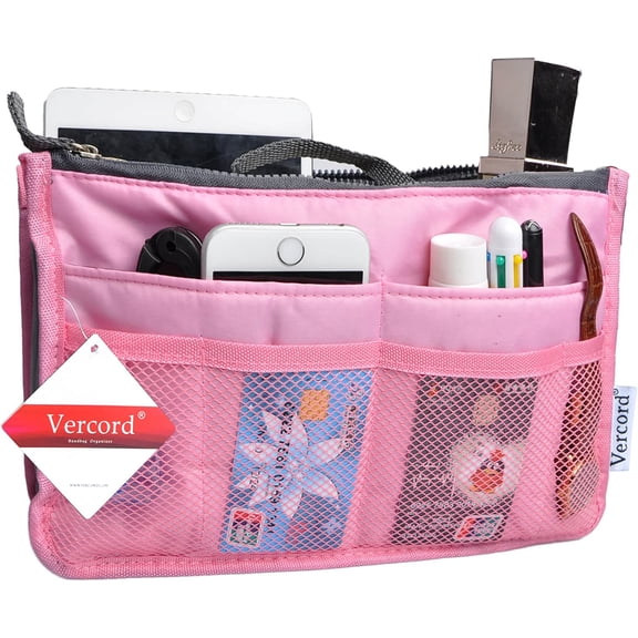 Vercord Purse Organizer Insert for Handbags Bag Organizers Inside Tote Pocketbook Women Nurse Nylon 13 Pockets Pink Large