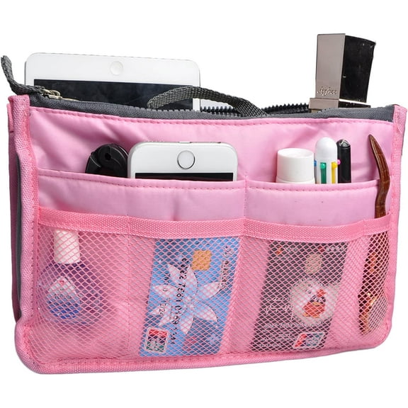 Vercord Purse Organizer Insert for Handbags Bag Organizers Inside Tote Pocketbook Women Nurse Nylon 13 Pockets Pink Medium