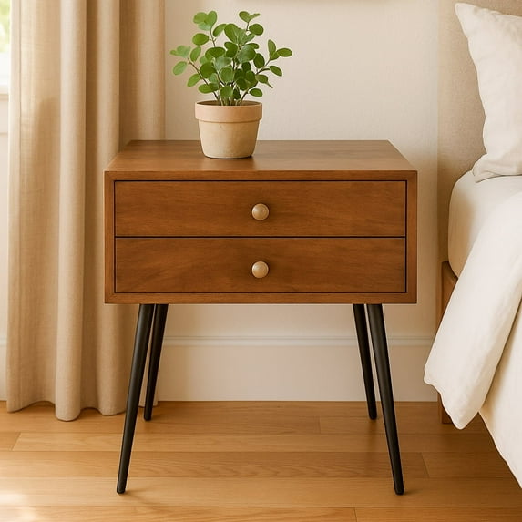 Verdant 2 -Drawer Side Table - 22"H Mid-Century Modern Mango Wood Nightstand, Handcrafted for Bedroom, Living Room, or Office, Walnut Finish