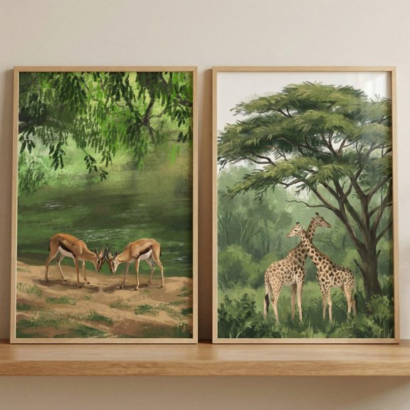 Verdant African Animals Wall Art Print Set Of 2 With Giraffe Gazelle Savanna Decor