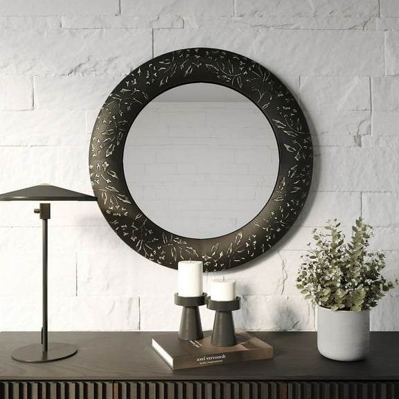Verdant Bloom Black Floral Wood Farmhouse Wall Mirror