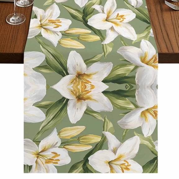 Verdant Flower Patterns 36 Inch Table Runner, Green White Spring Floral Farmhouse Dresser Scarf Cotton & Linen Tablerunner for Dining/Kitchen Island/Holiday Party Décor Small 13" x 36"