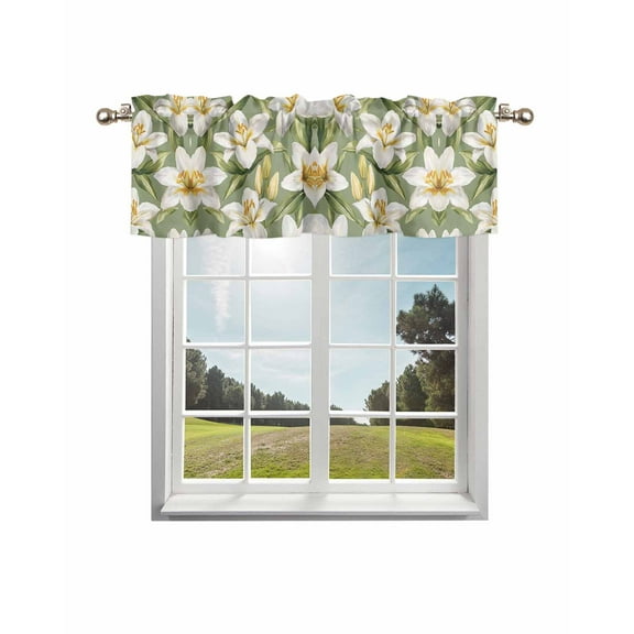 Verdant Flower Patterns Curtain Valance for Windows/Living Room/Kitchen/Bathroom/Café, Short Rod Pocket Tier Curtain Window Treatment Panel Green White Spring Floral Topper Curtain 42''x18''