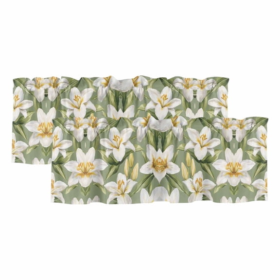 Verdant Flower Patterns Curtain Valances for Windows, Kitchen Valance Window Treatments Panel 2 Pack, Green White Spring Floral Rod Pocket Short Curtains for Bathroom Bedroom 42 x 12 Inch