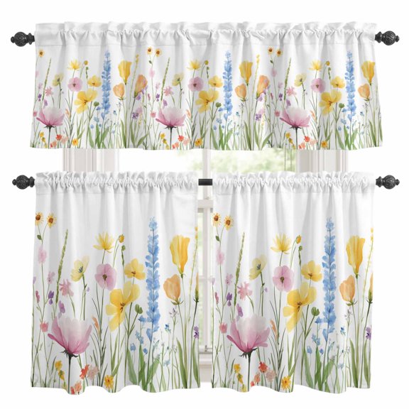 Verdant Flower Patterns Kitchen Curtains Sets for Windows 24 Inch Length, Farmhouse Botanical Rod Pocket Window Treatments Tier Curtains and Valances Set for Bedroom/Bathroom