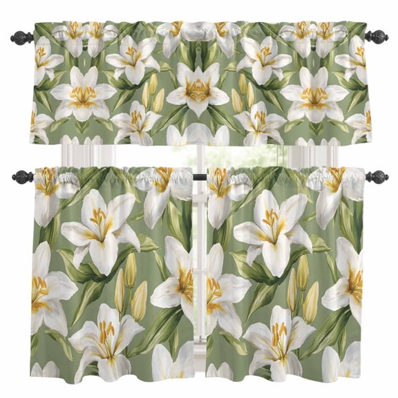 Verdant Flower Patterns Kitchen Curtains Sets for Windows 36 Inch Length, Green White Spring Floral Rod Pocket Window Treatments Tier Curtains and Valances Set for Bedroom/Bathroom