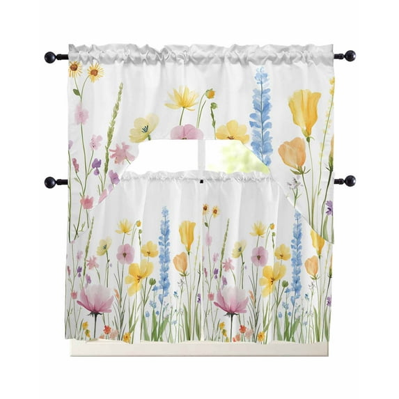 Verdant Flower Patterns Kitchen Curtains Swag Valance and Tier Curtains Set 24 Inch Length, Farmhouse Botanical Rod Pocket Drape Panels Pair Swag Curtain for Bathroom/Cafe/Window