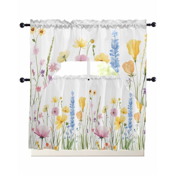 Verdant Flower Patterns Kitchen Curtains Swag Valance and Tier Curtains Set 24 Inch Length, Farmhouse Botanical Rod Pocket Drape Panels Pair Swag Curtain for Bathroom/Cafe/Window
