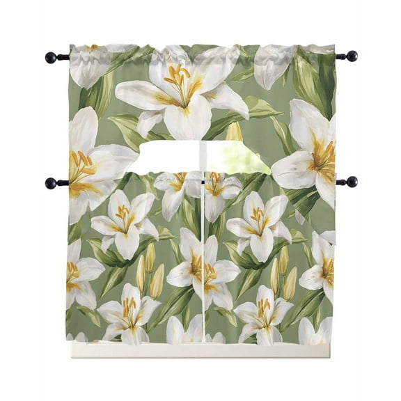 Verdant Flower Patterns Kitchen Curtains Swag Valance and Tier Curtains Set 36 Inch Length, Green White Spring Floral Rod Pocket Drape Panels Pair Swag Curtain for Bathroom/Cafe/Window