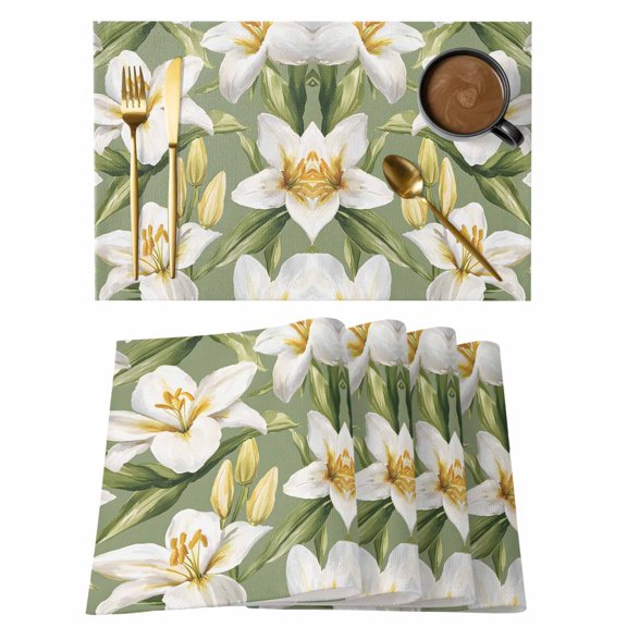Verdant Flower Patterns Placemats Set of 4 Green White Spring Floral Place Mats Indoor Wipeable Table Mats Washable Cloth Dining Table Placemats for Kitchen Holiday Party Home Decor 13x19 Inch