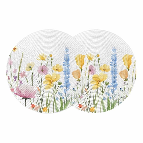 Verdant Flower Patterns Round Placemats Set of 2 Farmhouse Botanical Place Mats Indoor Woven Table Mats Washable Heat-Resistance Braided Dining Table Placemats for Kitchen Holiday Party Decor 13 Inch