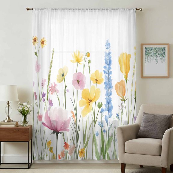 Verdant Flower Patterns Sheer Curtains 45 Inches Long, Farmhouse Botanical Light Filering Curtains, Breathable Simi Curtain Privacy Drapes for Kitchen Bathroom Lightweight Small Window Treatment