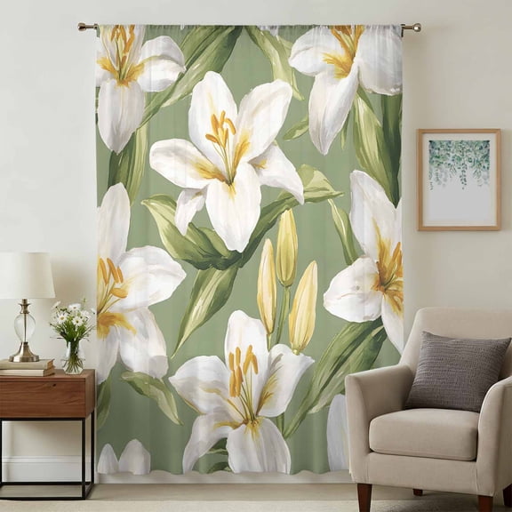 Verdant Flower Patterns Sheer Curtains 45 Inches Long, Green White Spring Floral Light Filering Curtains, Breathable Simi Curtain Privacy Drapes for Kitchen Bathroom Small Window Treatment