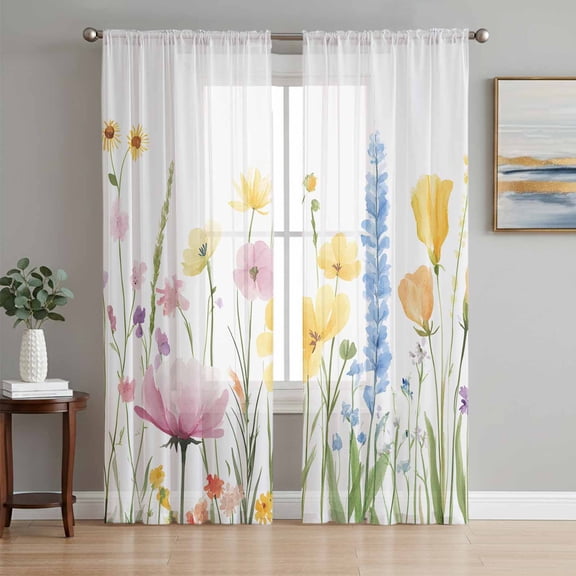Verdant Flower Patterns Sheer Curtains 96 Inch Length 2 Panels Set, Farmhouse Botanical Voile Window Treatment Semi Sheer Long Curtains Drapes for Bedroom/Living Room/Kitchen 52"x96"x2