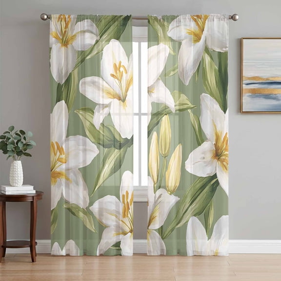 Verdant Flower Patterns Sheer Curtains 96 Inch Length 2 Panels Set, Green White Spring Floral Voile Window Treatment Semi Sheer Long Curtains Drapes for Bedroom/Living Room/Kitchen 52"x96"x2