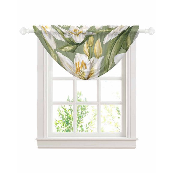 Verdant Flower Patterns Sheer Waterfall Valance Curtains for Window, Green White Spring Floral Rod Pocket Sheer Topper Swag Curtains for Living Room, Kitchen 38.5"W x 47.2"L, 1 Panel