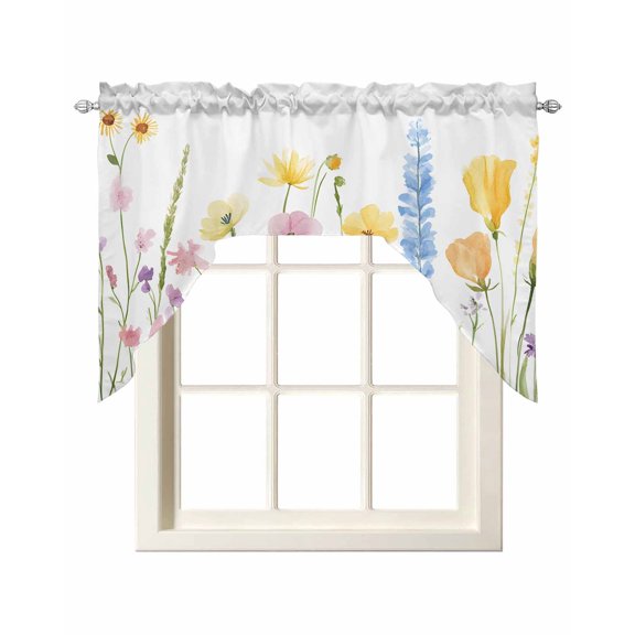 Verdant Flower Patterns Swag Valances for Windows, Small Curtains Drapes, Farmhouse Botanical Kitchen Window Curtains Over Sink Rod Pocket Window Treatment Valance for Bedroom/Bathroom 56"x36"