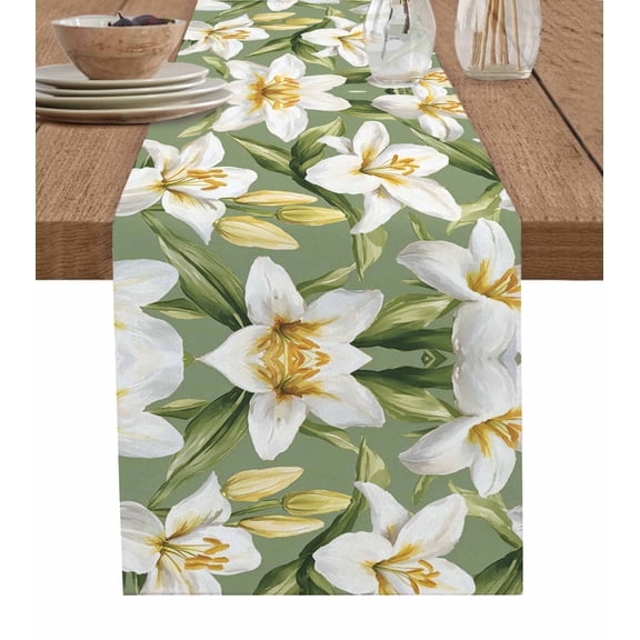 Verdant Flower Patterns Table Runner Cotton Linen 36 Inch Holiday Dresser Scarves, Green White Spring Floral Tablerunner for Kitchen Coffee Dining Bedroom Living Room Dinner Scarf Décor 13''x36''