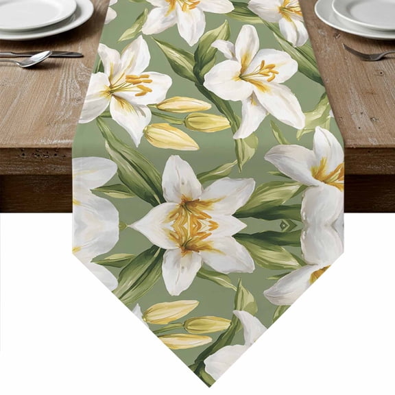 Verdant Flower Patterns Table Runner Linen Burlap Table Runner 36 Inches Small Green White Spring Floral Dresser Scarves for Kitchen Island Coffee Dining Party Wedding Banquet Holiday Decor 13"x36"