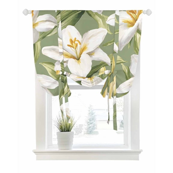 Verdant Flower Patterns Tie Up Curtains for Window, Thermal Insulated Balloon Shade Adjustable Rod Pocket Curtains Valance Panels for Kitchen Bathroom Cafe 42 x 45 Green White Spring Floral