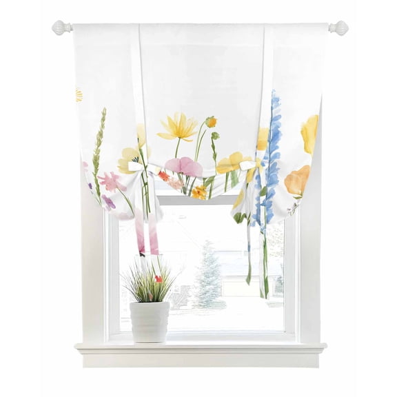 Verdant Flower Patterns Tie Up Curtains for Window, Thermal Insulated Balloon Shade Adjustable Rod Pocket Curtains Valance Panels for Kitchen Bathroom Cafe 42 x 45 Farmhouse Botanical