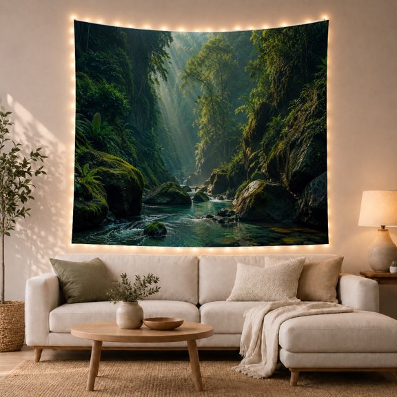 Verdant Forest Clear with Toned River Flowing Through, Mystical Fantasy for Space Lovers, Galaxy Room Decor, Mother'S Day Gift, Tapestry Wall Hanging for Bedroom and Dorm