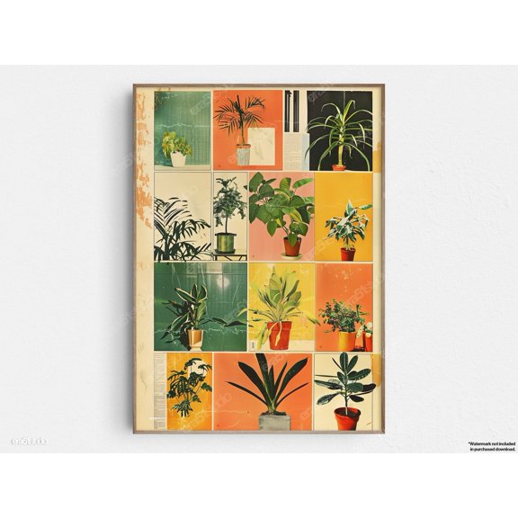 Verdant Potted Plant Collage Mid Century Decor Wall Art