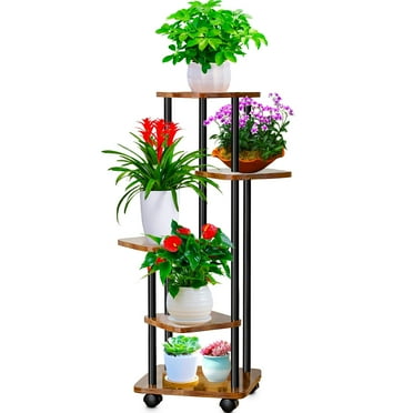 Flyclix Indoor Plant Stand 5 Tier with 360° Swivel Wheels – Elegant Tall Plant Shelf for Multiple Flower Pots, Corner Storage Organizer for Living Room, Bedroom, Patio, and Garden