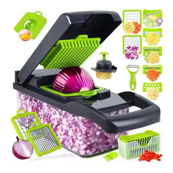 VerdeVida 15-in-1 Vegetable Chopper, Slicer , Spiralizer — 8 Stainless Steel Blades, Onion Chopper, Cheese Grater, Mandoline ,Veggie Cutter with Storage Container, Easy-Clean Kitchen Gadget, Dark Gra